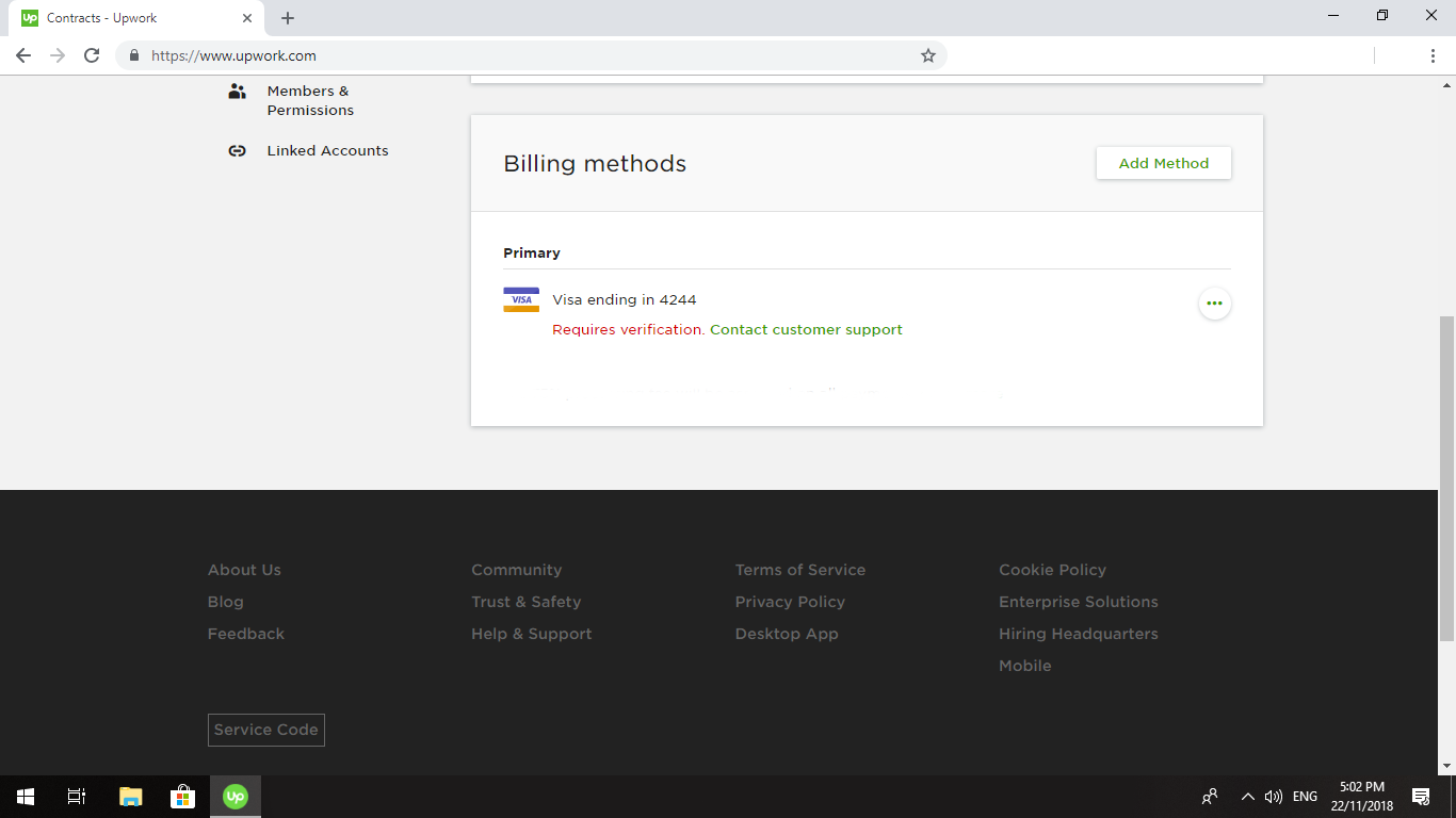 Billing method. Upwork USA add method.